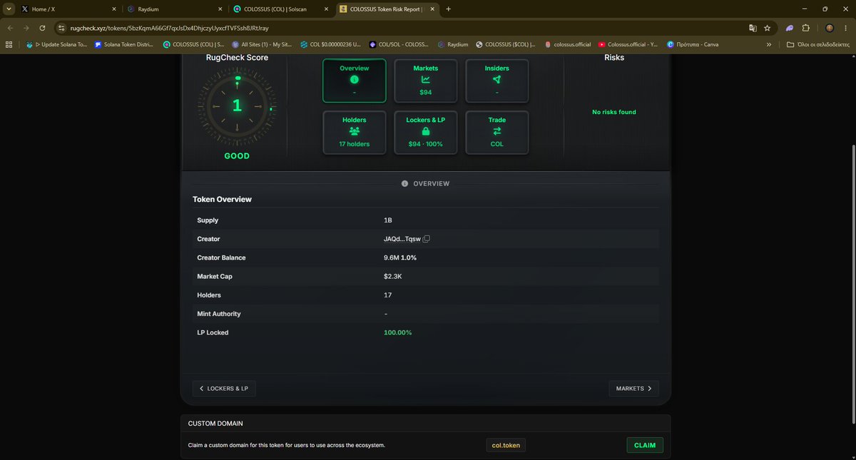 colossus_solana's tweet photo. Safety comes first. 🛡️

$COL RugCheck status:

✅ Score: 1 (GOOD)*

✅ No Risks Found*

✅ LP 100% Locked*

✅ Dev holds only 1%*

100% community focused &amp; rug-proof.🌐 https://t.co/HqUSzm9nf4 https://t.co/XPJfXM7rGg