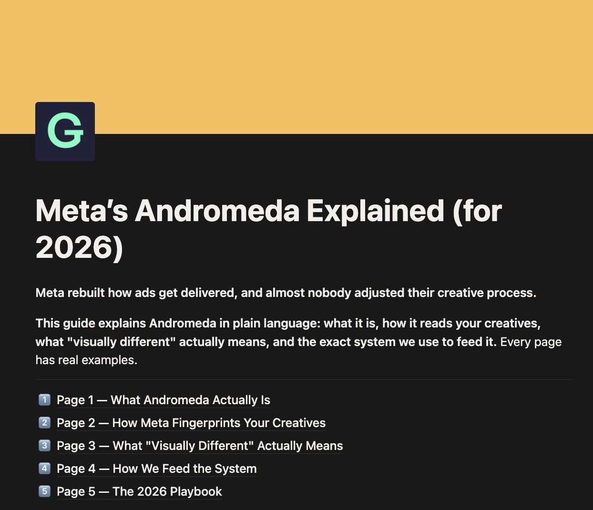 Bogzabs96's tweet photo. Meta REBUILT how ads get delivered, and it's why your "new" creatives die in 3 days.

The system reads ads visually now. 

Twenty uploads that look alike count as ONE ad, sharing one tired audience pool. 

So I wrote the full explanation:

- What Andromeda actually is, explained like a human
- The muted-stranger test (grade your last 20 creatives in 30 minutes)
- What counts as visually different, and the 5 changes that don't
- The exact batch grid + iteration system we use to feed it

Want it? Like + Comment "ANDRO" and I'll send it over ASAP

(Must be following)