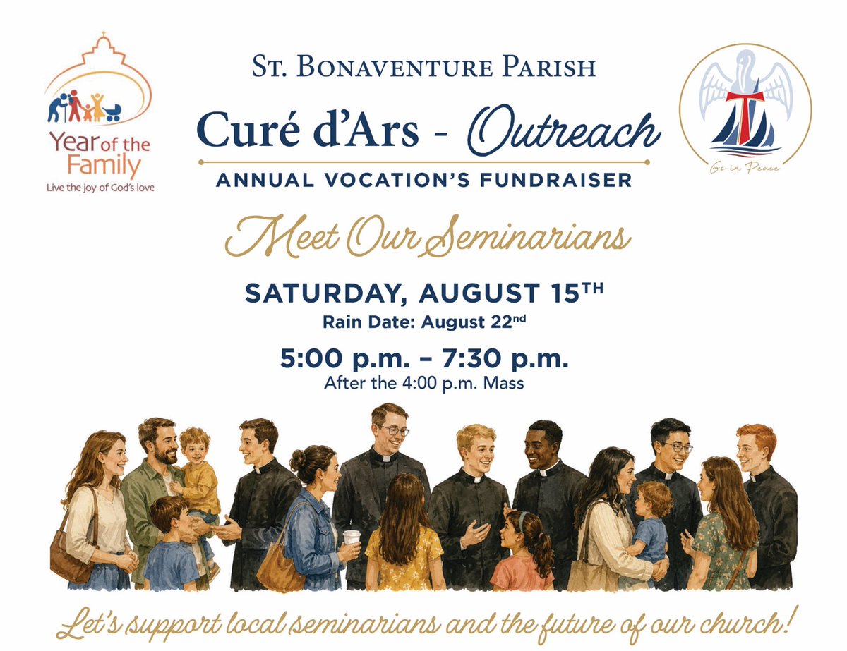 StBonPlym's tweet photo. Join us Saturday August 15th (rain date Aug 22) after the 4:00 pm Mass for the 2nd Annual picnic and family fun evening of laughter, community and delicious food! Come spend time getting to know the men preparing for the priesthood while enjoying a day filled with fun for... 1/4 https://t.co/B8RYbXOdPU