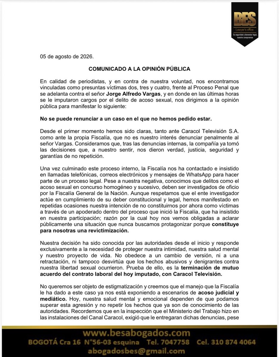 ClaudiaLuci1018's tweet photo. Después dr analizar rl comunicado de los abogados de las presuntas víctimas de Jorge Alfredo Vargas el escenario que se está construyendo con el caso es perversamente peligroso ⚠️ para el futuro de cualquier ciudadano. 
Con el comunicado de BES Abogados quedó claro el manual ,activan un escándalo logran la muerte social de un hombre por qu3 vargas (perdió trabajo, salud y economía)
 y cuando la ley exige ir a juicio a probarlo, se bajan alegando acoso de la Fiscalía 🙄
Si la firma de abogados de vargas no se planta firme y exige el juicio oral, obligarán a la justicia a precluir Y ojo precluir no es absolver
 Es solo un archivo que deja la duda sembrada de por vida,significa que no se demostrará ni culpabilidad ni inocencia, y si esto se normaliza, HABRÁN LEGALIZADO EL ARMA PERFECTA PARA DESTRUIR A CUALQUIER HOMBRE por sospecha, dejando un precedente nefasto donde las redes sociales y los colectivos feministas dictan la condena perpetua y la justicia penal se vuelve un adorno
 Hoy fue VARGAS y @RafaPovedaM  mañana puede ser cualquiera sus esposos o hijos hermanos etc 
Esto es unna absoluta barbarie procesal