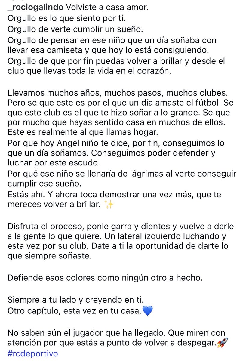 SomosDepor's tweet photo. El mensaje de Rocio, la mujer de Angeliño, en Instagram emociona. Mucho. 💙 https://t.co/nftcClde6u