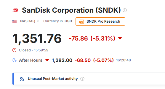 Investingcom's tweet photo. SANDISK $SNDK Q4 EPS OF $39.25, $4.66 BETTER. REVENUE $8.97 BILLION VERSUS $8.42 BILLION.

SEES Q1 EPS OF $44.00-$46.00, VERSUS $44.21. SANDISK SEES Q1 REVENUE OF $10.3-10.8 BILLION, VERSUS $10.62 BILLION. https://t.co/2YAqtTZSYe
