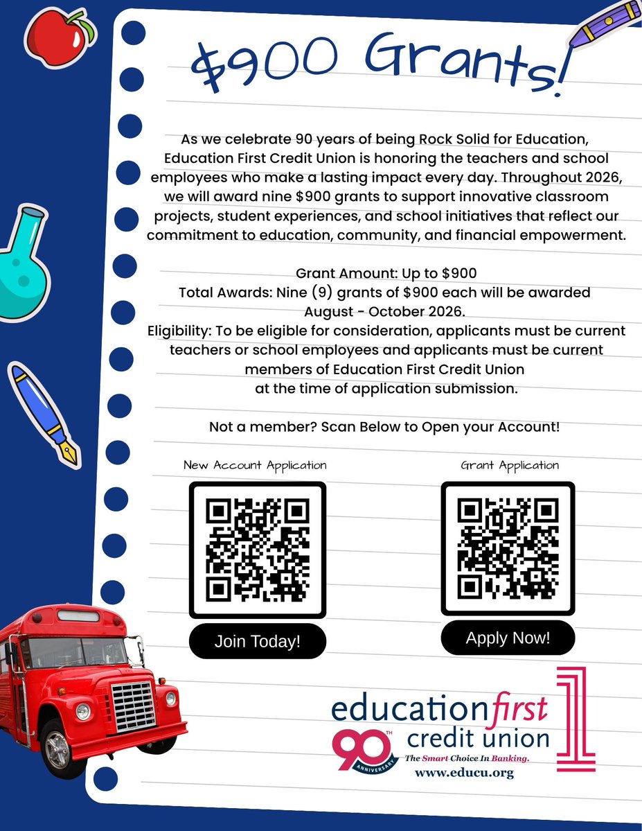 Education1stCU's tweet photo. Attention teachers & school employees! 📚🍎 Do you have a special & innovative classroom project, student   experience, or school initiative that you need help funding? Good news! Education First is giving away 9 $900 grants to teachers and school employees with ideas that reflect our commitment to education, community, and financial empowerment. See the attached picture for more details. If you’re not a   member, visit our website to join, and if you’d like to fill out a grant application, visit https://t.co/AWgq2MNIl8