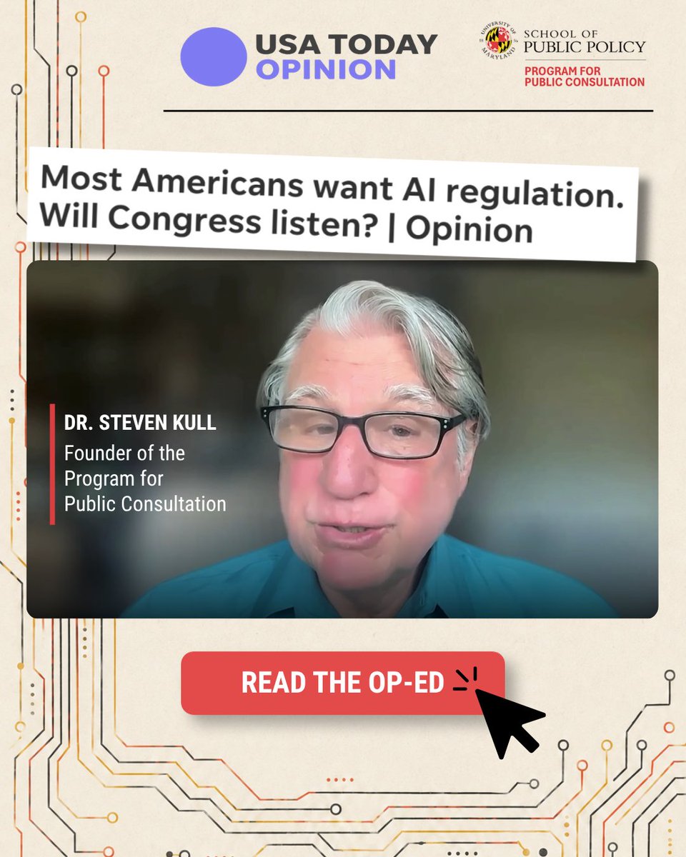 ppc_umd's tweet photo. Americans agree across party lines on how government should regulate AI.

In @usatodayopinion, PPC founder Steven Kull examines bipartisan support for federal oversight, AI testing, deepfake rules, and international safeguards.

Read the op-ed in the comments. https://t.co/TqWa5XGPOD