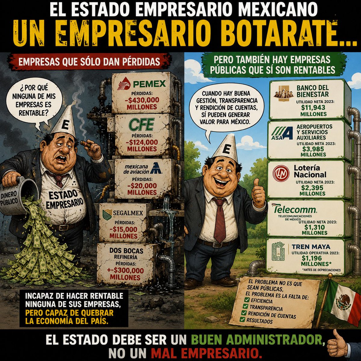 Alemex_01's tweet photo. @aguilarcamin El problema no es que existan empresas públicas,sino que sean eficientes,transparentes y rindan cuentas. Cuando operan con pérdidas permanentes,el costo termina recayendo en los contribuyentes. También es un error afirmar que todas las empresas estatales son inviables.  #Economia https://t.co/Md09XSRSsu