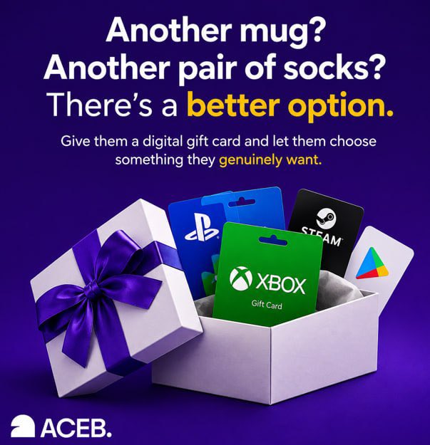 ACEBgiftcards's tweet photo. Another mug? Another pair of socks? Another gift they’ll politely pretend to love?
There’s a better option.
Give them a digital gift card and let them choose something they genuinely want.
Games, shopping, entertainment, travel and more—without guessing the size, colour or whether they already own it.
Pay with supported crypto and receive the digital code by email after payment confirmation.
What is the worst gift you have ever received?
We promise not to tell the person who bought it.
https://t.co/f7IMz3DwDL— gifts without the awkward smile.
#ACEB #GiftCards #CryptoShopping #DigitalGifts #SpendCrypto #Bitcoin #GamingGiftCards