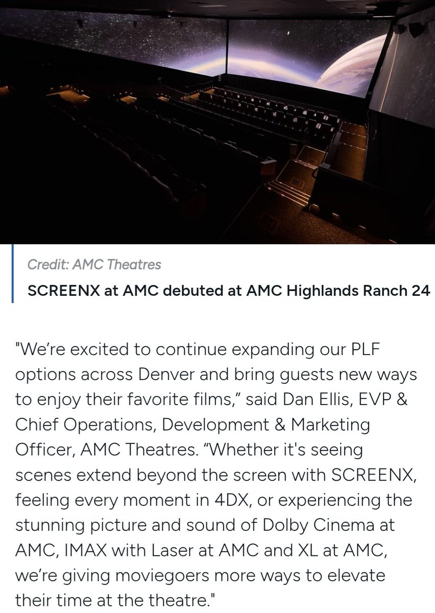 JFerreiraA76319's tweet photo. AMC Theatres is rolling out cutting-edge tech, introducing 270-degree panoramic SCREENX at AMC Highlands Ranch 24 and 4DX experiences in the Denver area. Great to see innovation driving the future of movie theaters! #AMC ⏳️🚀🌗 https://t.co/BTkGgmAIRX