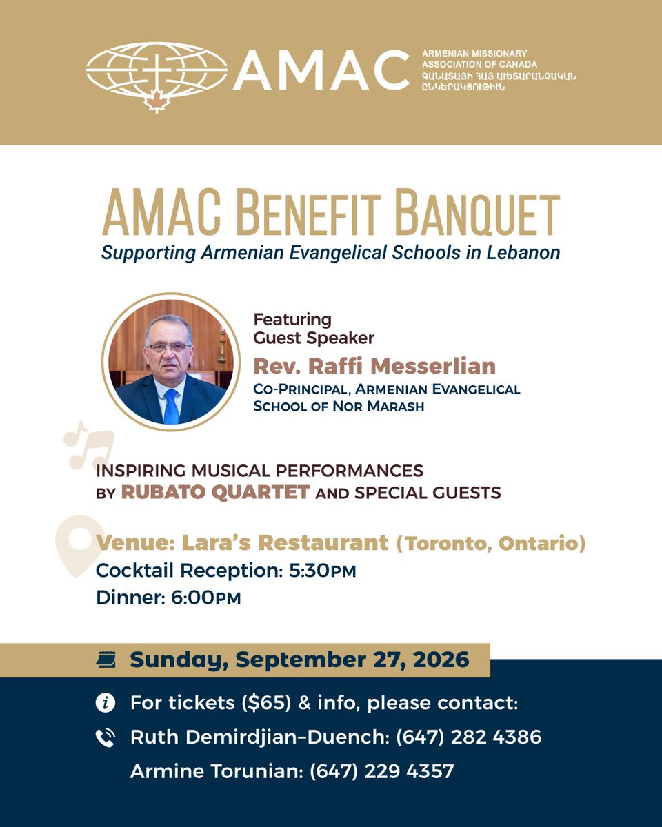 AMAC_NEWS's tweet photo. AMAC warmly invites you to an evening of fellowship &amp; inspiration in support of Armenian Evangelical Schools in Lebanon. 
Your participation will help provide quality Christian education while preserving the Armenian faith, language, &amp; heritage for future generations. https://t.co/VJTG7mQEjh
