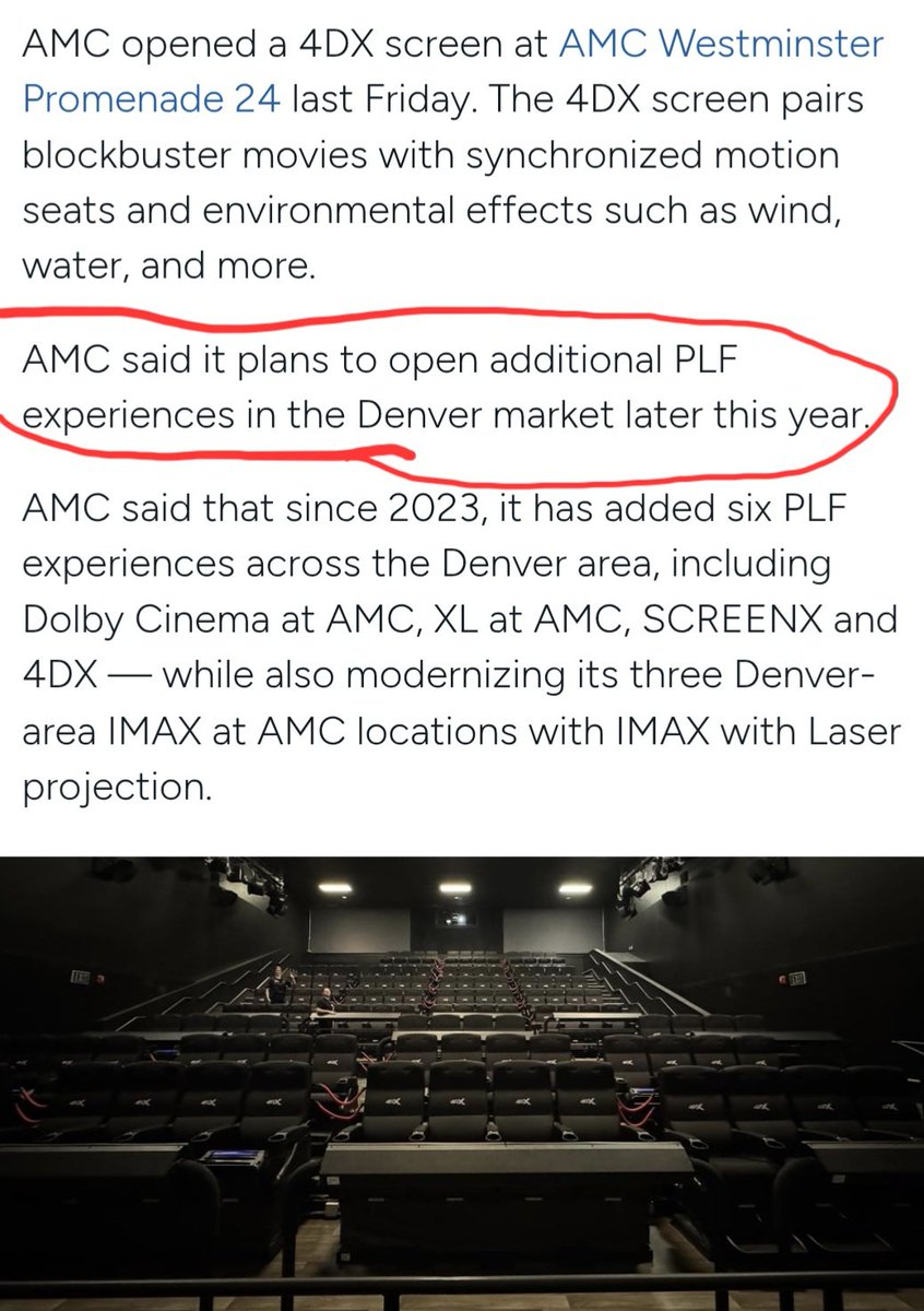 JFerreiraA76319's tweet photo. AMC Theatres is rolling out cutting-edge tech, introducing 270-degree panoramic SCREENX at AMC Highlands Ranch 24 and 4DX experiences in the Denver area. Great to see innovation driving the future of movie theaters! #AMC ⏳️🚀🌗 https://t.co/BTkGgmAIRX