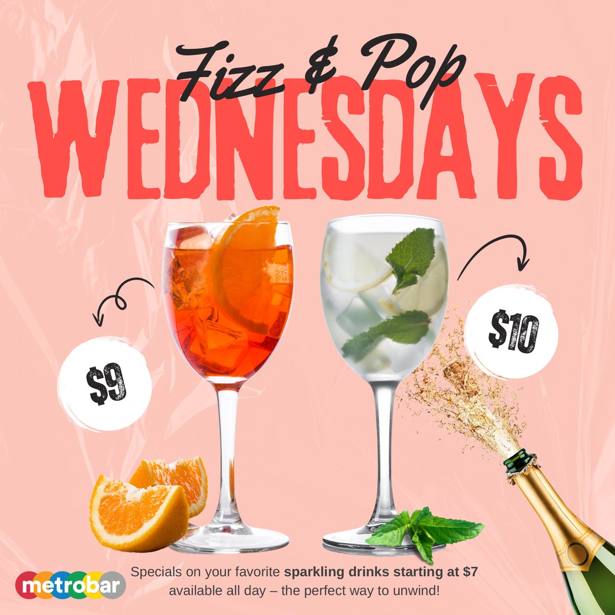 metrobardc's tweet photo. Wednesdays are sparkling at #metrobardc withour new all day #happyhour ft. your fizzy favorites on special from 5PM-Close!

🍹 Ambrosia Spritz $10 🌿 Hugo Spritz $10 🍊 Aperol Spritz $9 🥤 NÜTRL $7
🥂 Brut $7

Join us Wednesdays for a toast to get through the week! https://t.co/dXecrjbO2W