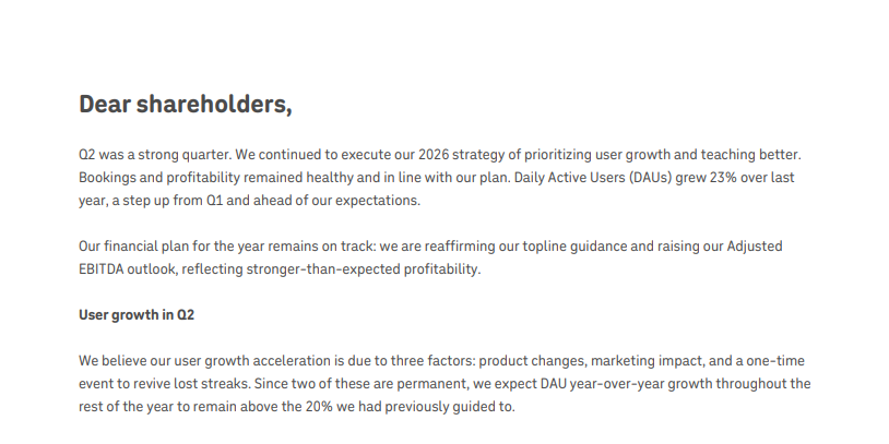 WillBiddy_'s tweet photo. $DUOL Q2 Earnings are out!

🔹Revenue +18% y/y 🟢
🔸Total Bookings +8% y/y

🔹Daily Active Users +23% y/y 🟢
🔹Monthly Active Users +10% y/y
🔹Paid Subscribers +17% y/y🟢 https://t.co/y1HyzOpkbU