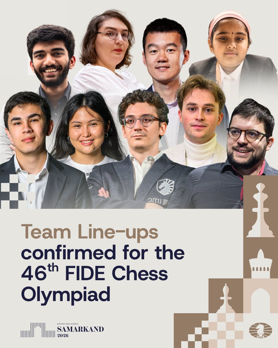 FIDE_chess's tweet photo. ♟🤩 The team lists for the 46th FIDE Chess Olympiad have been published, revealing a field filled with World Champions, established national-team powers, and some of the brightest young players in chess. 400 teams have been confirmed over the two competitions: 208 in the Open and 192 in the Women’s event. That is twenty more than the record field of 380 at Budapest 2024!

The opening ceremony will take place in Samarkand on September 15, followed by 11 classical rounds of competition from September 16 to 27. Based on the submitted line-ups, the United States head the Open starting list, followed by defending champions India, hosts Uzbekistan, China and Germany. In the Women’s competition, India is the top seed team ahead of Georgia, China, Kazakhstan and the United States.

Read more: https://t.co/hX0AH6l2kv

#ChessOlympiad