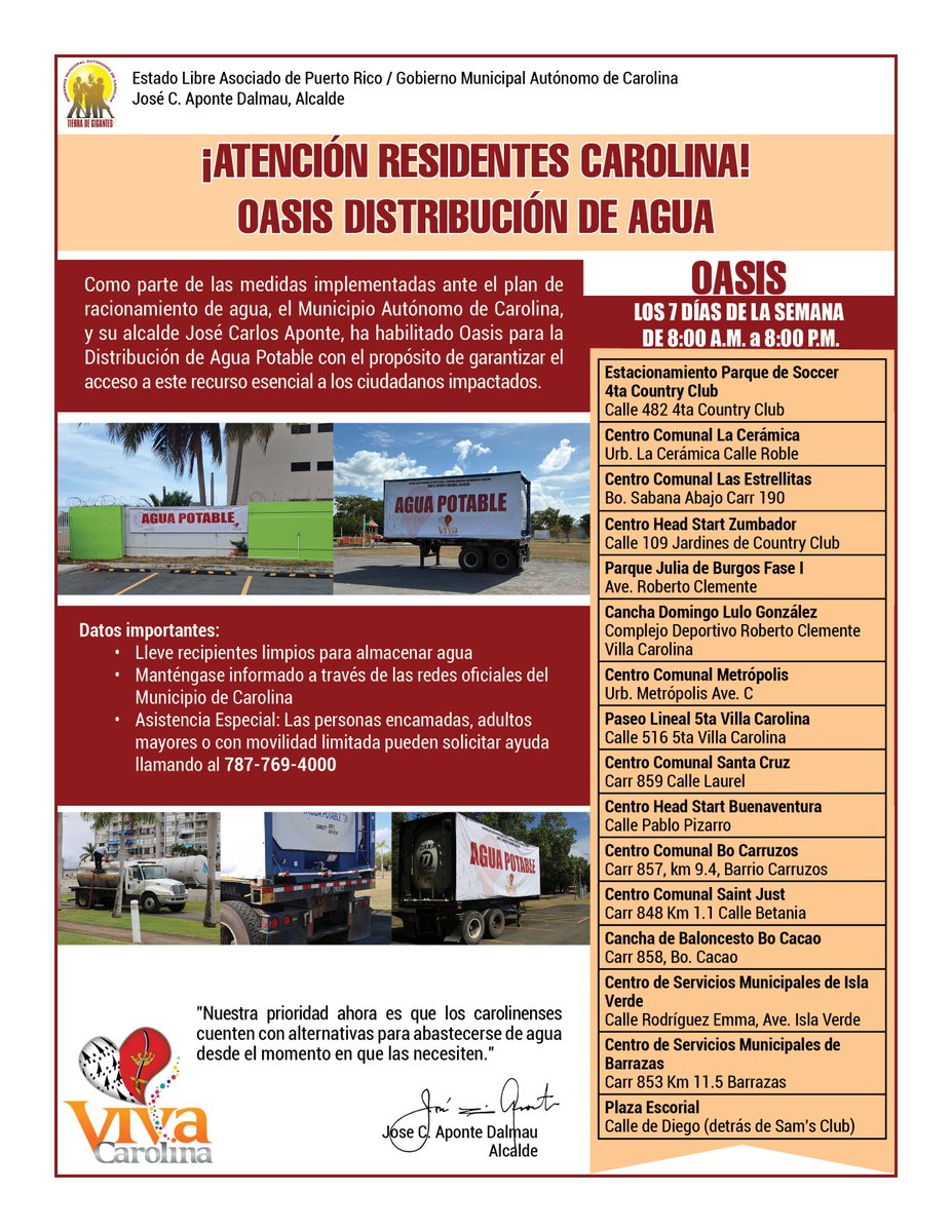 MunicipioCarol1's tweet photo. ¡ATENCIÓN RESIDENTES CAROLINA!
OASIS DISTRIBUCIÓN DE AGUA https://t.co/AlwSixhnw0
