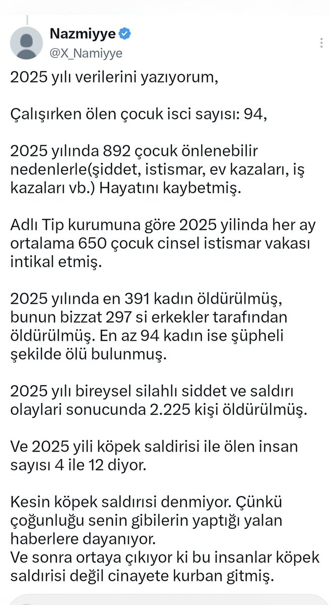 X_Namiyye's tweet photo. Sen kes sesini! Derdiniz çocuklar olsaydı eğer sanayide ya da ağır işlerde çalışırken ölen çocuklar içinde sesini çıkarırdin. Çocuklar taciz edilirken istismar edilirken ya da senin gibi sevgisiz merhametsiz başıboş insanlar tarafından öldürülürken ses çıkarırdin.

Al aşağıya sadece 2025 verilerini yazdım.

Didem senin gibi hayvan düşmanı yaşlı kadınların gerçekten derdiniz nedir?

Seni hiç mi seven olmadi,