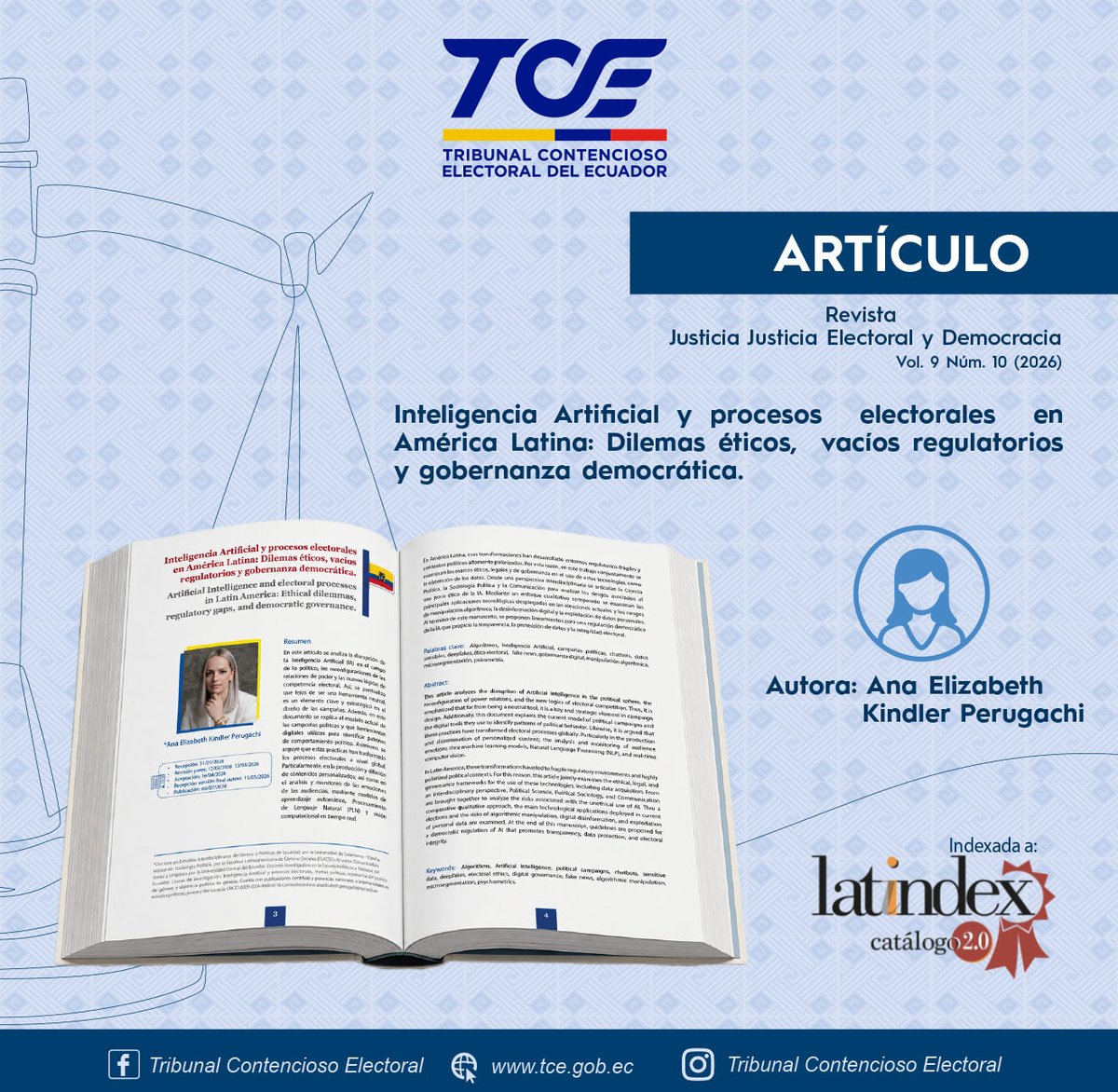 TCE_Ecuador's tweet photo. 📚 Nuevo artículo en la  𝐑𝐞𝐯𝐢𝐬𝐭𝐚 𝐉𝐮𝐬𝐭𝐢𝐜𝐢𝐚 𝐄𝐥𝐞𝐜𝐭𝐨𝐫𝐚𝐥 𝐲 𝐃𝐞𝐦𝐨𝐜𝐫𝐚𝐜𝐢𝐚

✅  El artículo analiza cómo la #InteligenciaArtificial está transformando los procesos electorales, especialmente en América  Latina, y propone lineamientos para garantizar la transparencia, la  protección de datos y la integridad de las elecciones en la era digital.

🔗 Revisa el artículo completo aquí:
https://t.co/XVqQbQGcgs