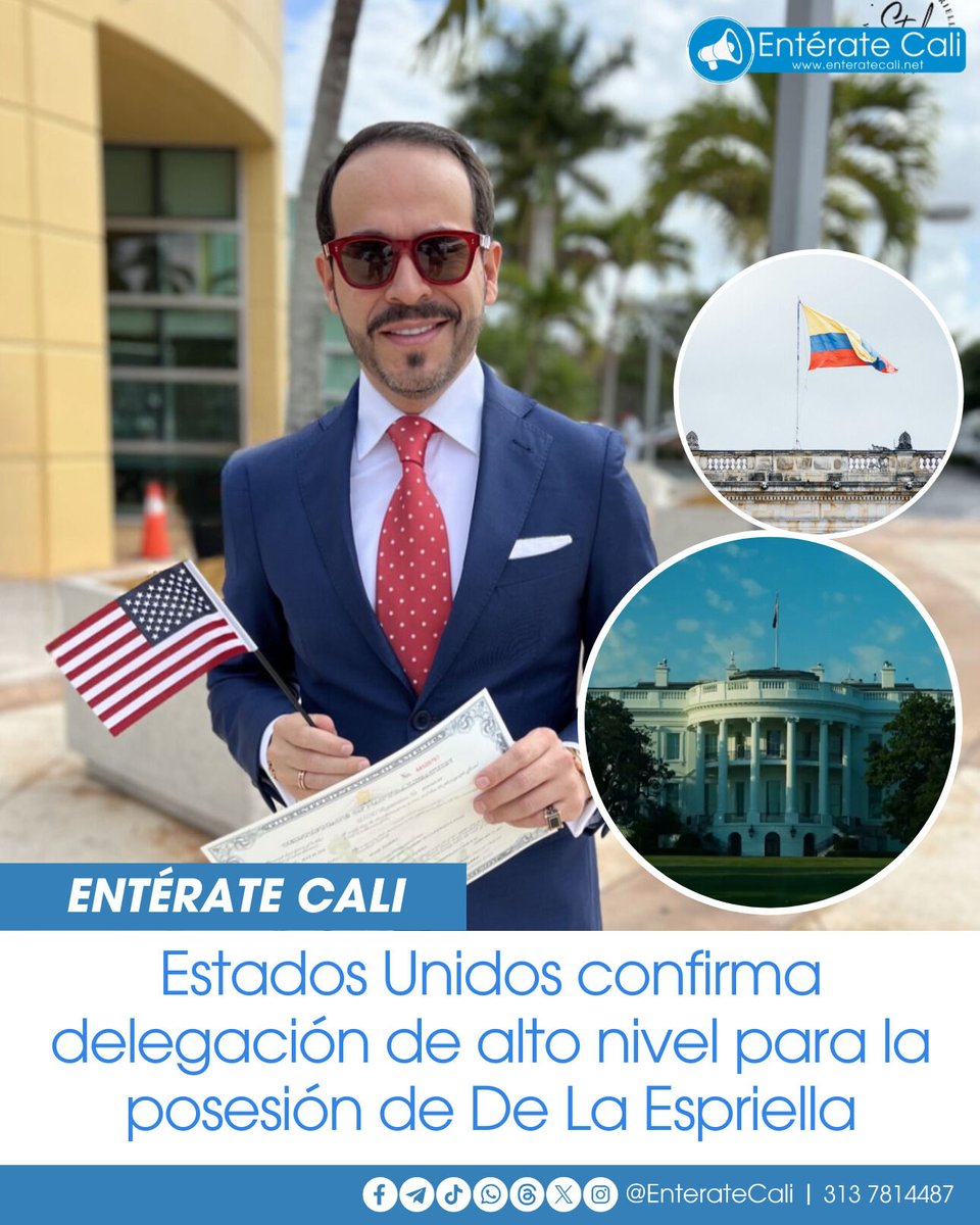 EnterateCali's tweet photo. Estados Unidos confirmó el envío de una delegación de alto nivel para asistir a la posesión presidencial de Abelardo De La Espriella en Colombia. La representación estará integrada por funcionarios del Gobierno, el Congreso y organismos relacionados con la justicia, la seguridad nacional y la lucha contra el narcotráfico. 🇨🇴🤝🇺🇸

Entre los asistentes se encuentran Todd Blanche, fiscal general adjunto; Steve Witkoff, enviado especial para las Misiones de Paz; Bernie Moreno, senador de Estados Unidos; Mario Díaz-Balart, representante a la Cámara; Sara Carter Bailey, directora de la Oficina de Política Nacional para el Control de Drogas; Terrance Col, administrador de la DEA; y Cliff Sims, asesor de Seguridad Nacional del vicepresidente.

La delegación también incluye a Hugo Guevara, Viviana Bovo, Kris Jarvis y Kristine Blanche, entre otros integrantes. La presencia de esta comitiva refleja el interés de Washington en el inicio del nuevo gobierno colombiano y en el fortalecimiento de la cooperación bilateral.