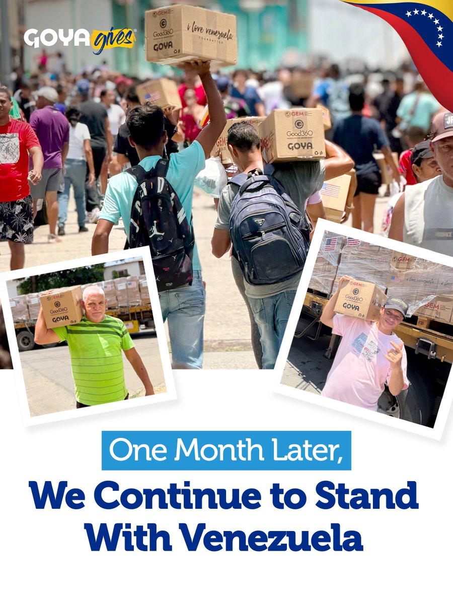 GoyaFoods's tweet photo. Over one month after the earthquakes in Venezuela, our commitment remains as strong as ever.

Through Goya Gives and in partnership with Global Empowerment Mission, we donated 100,000 pounds of food to support families and communities affected by this tragedy. As recovery continues, our thoughts and prayers remain with everyone impacted, and we continue to stand with Venezuela with hope, compassion, and solidarity.

Together, we rise and move toward a stronger future. 💙🇻🇪

#GoyaGives #Venezuela #StandingWithVenezuela #CommunitySupport #GivingBack