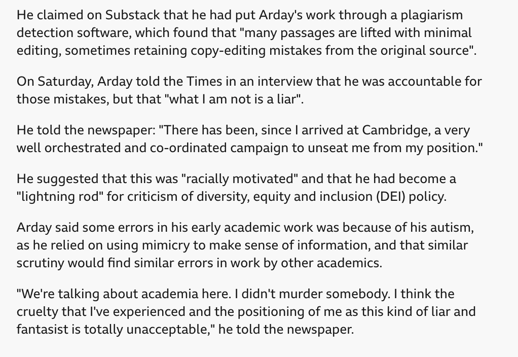 ripx4nutmeg's tweet photo. The BBC covers the Jason Arday resignation.

There's no mention of a single lie he told, him reporting critics to the police or his links to Labour or the BBC, and no example of his plagiarism or poor writing is given.

But one of his whistleblowers' views on race is given. Twice https://t.co/rh8bOFBzo3
