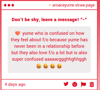 AroAceYumes_'s tweet photo. Prompt
╰┈➤ yume who is confused on how they feel about f/o because yume has never been in a relationship before but they also love f/o a lot but is also super confused https://t.co/aSTtnfdaEb
