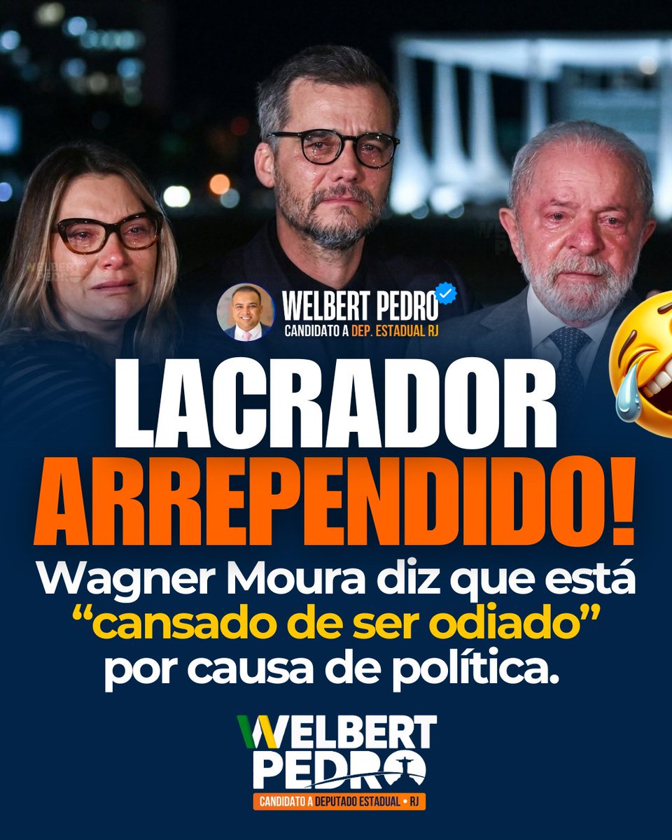 diegomuguetrj's tweet photo. A MÁSCARA CAIU! O LACRADOR CHORA ENQUANTO O BRASIL ACORDA.

​Wagner Moura agora chora? Engraçado que quando os brasileiros de bem eram perseguidos e cancelados, ele e sua turma batiam palmas. O "amor" que eles tanto pregavam era só pra quem pensava igual. Agora sentem o peso das próprias escolhas! O deboche aqui é livre! 😂😂