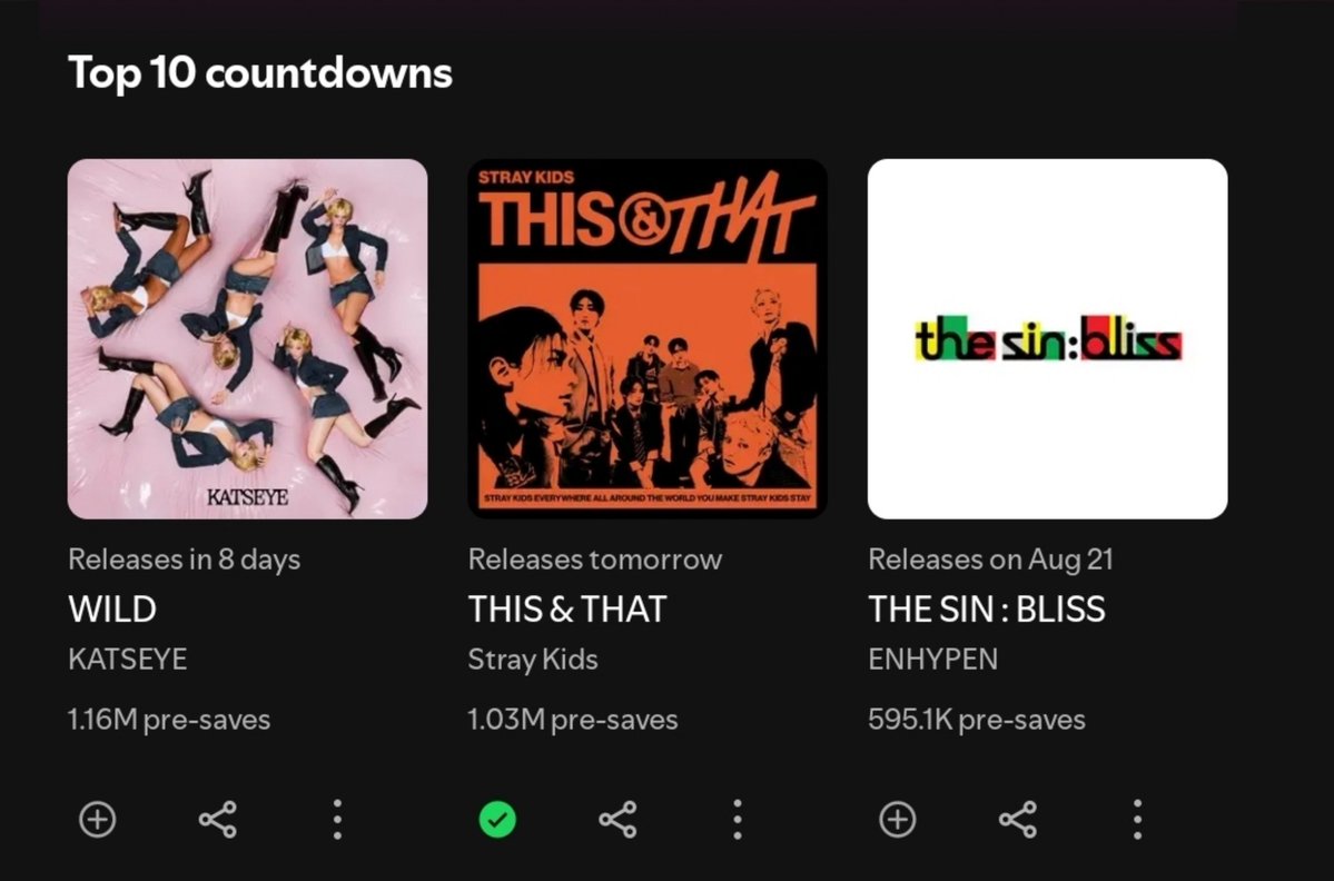 SKZonChart's tweet photo. Spotify Global Countdown Chart:

#2 (=) "THIS &amp; THAT" (#StrayKids) — 1.03M pre-saves (+20k) 🔥

🚨 1 day left

💿 https://t.co/ydq2JJpRV7 https://t.co/7nrBBoUIKI