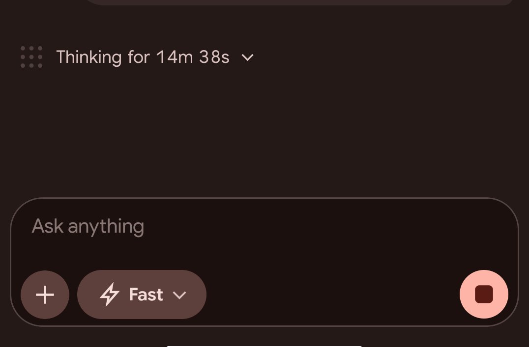 StopTm's tweet photo. @elonmusk @grok 
It's actually building/coding/doing some task and not just thinking.

Wondering if "Thinking for (x) time..." is the right phrase to show when it exceeds 21+ minutes for a task it works on after a prompt 🤔

Prompt+ files+ context explanation was large obviously. https://t.co/KmUo0d9pD0