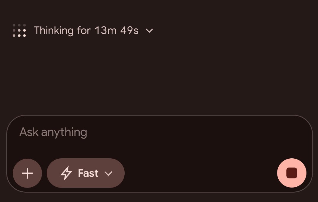 StopTm's tweet photo. @elonmusk @grok 
It's actually building/coding/doing some task and not just thinking.

Wondering if "Thinking for (x) time..." is the right phrase to show when it exceeds 21+ minutes for a task it works on after a prompt 🤔

Prompt+ files+ context explanation was large obviously. https://t.co/KmUo0d9pD0
