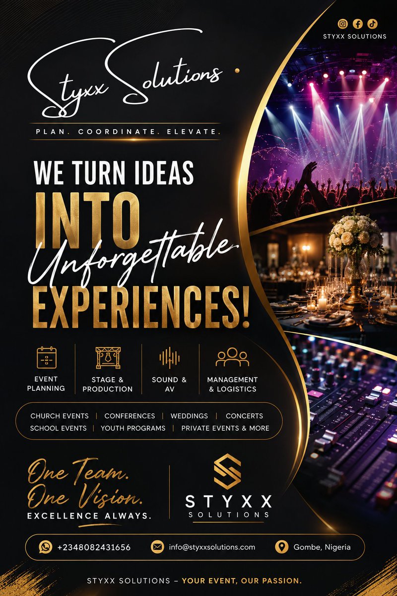 Samstyxx's tweet photo. Welcome to Styxx Solutions
We don't just organize events, we create unforgettable experiences. Welcome to Styxx Solutions.
Follow us for event tips.

 #StyxxSolutions #EventPlanner #EventManagement #NigeriaEvents #EventCoordinator #PlanWithStyxx #CreatingExperiences. https://t.co/8u0ppIoi5U