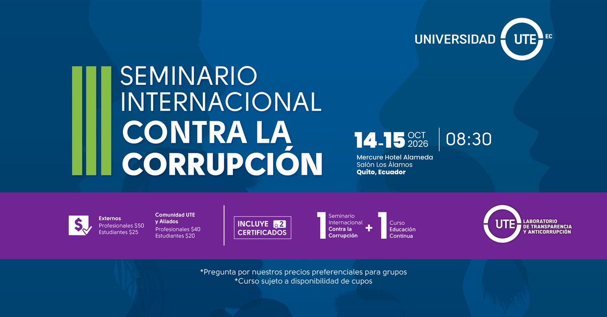 UTEoficial's tweet photo. ¡Regresa el Seminario Internacional contra la Corrupción de la Universidad UTE!

Únete a este espacio, con la participación de Paul Heywood (Universidad de Nottingham y Universidad de Sussex), reconocido investigador y referente internacional en estudios sobre corrupción, y Angélica Durán-Martínez (Universidad de Massachusetts-Lowell), experta en crimen organizado y violencia criminal en la región.

📅 14-15 oct. 2026
🕣 08:30
📍 Mercure Hotel Alameda Quito
📌 Inscríbete hasta el 28 de agosto y accede, sin costo adicional y sujeto a disponibilidad de cupos, al curso virtual especializado "Midiendo la Corrupción: experiencias prácticas".
🎓 Incluye 2 certificados.

Información e inscripción en el siguiente link: https://t.co/Bg86HCVsK6

#SomosUTE #Transparencia #Anticorrupción
