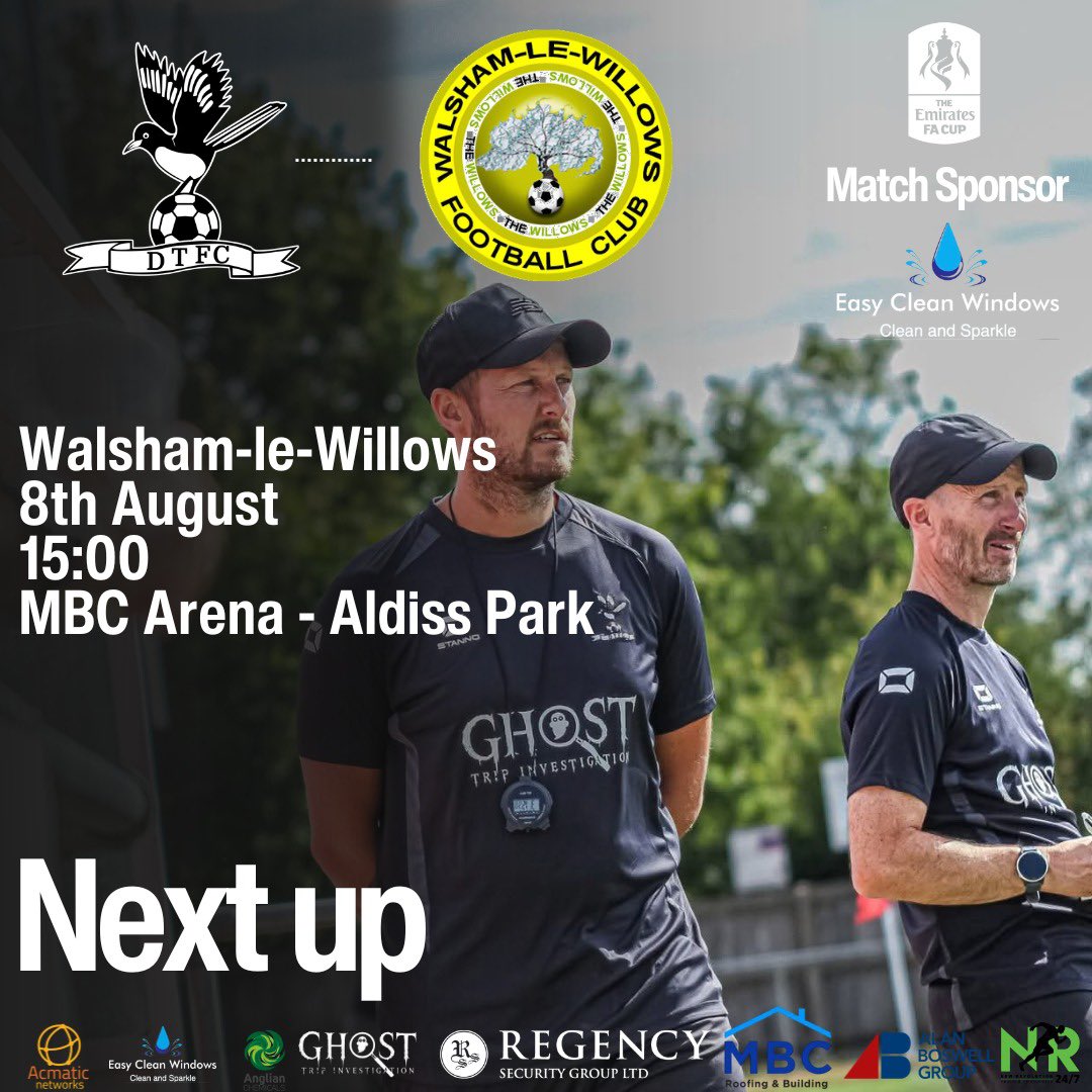 DerehamTown's tweet photo. 🏆FA CUP🏆

DEREHAM V WALSHAM 

📅 THIS SAT  8TH AUG
⏰ 15:00
🏟️ MBC ARENA - ALDISS PARK
💧Match sponsor EASYCLEAN WINDOWS💧
🍺bar open 1pm
🍔🍟🌭Hot snacks on sale
🎟️ Adults £9 - Concessions £6 - U16 - £3

Your support is always appreciated 🖤🤍

#WeAreDereham #bringhometheyouth https://t.co/mjKm2KLPVi