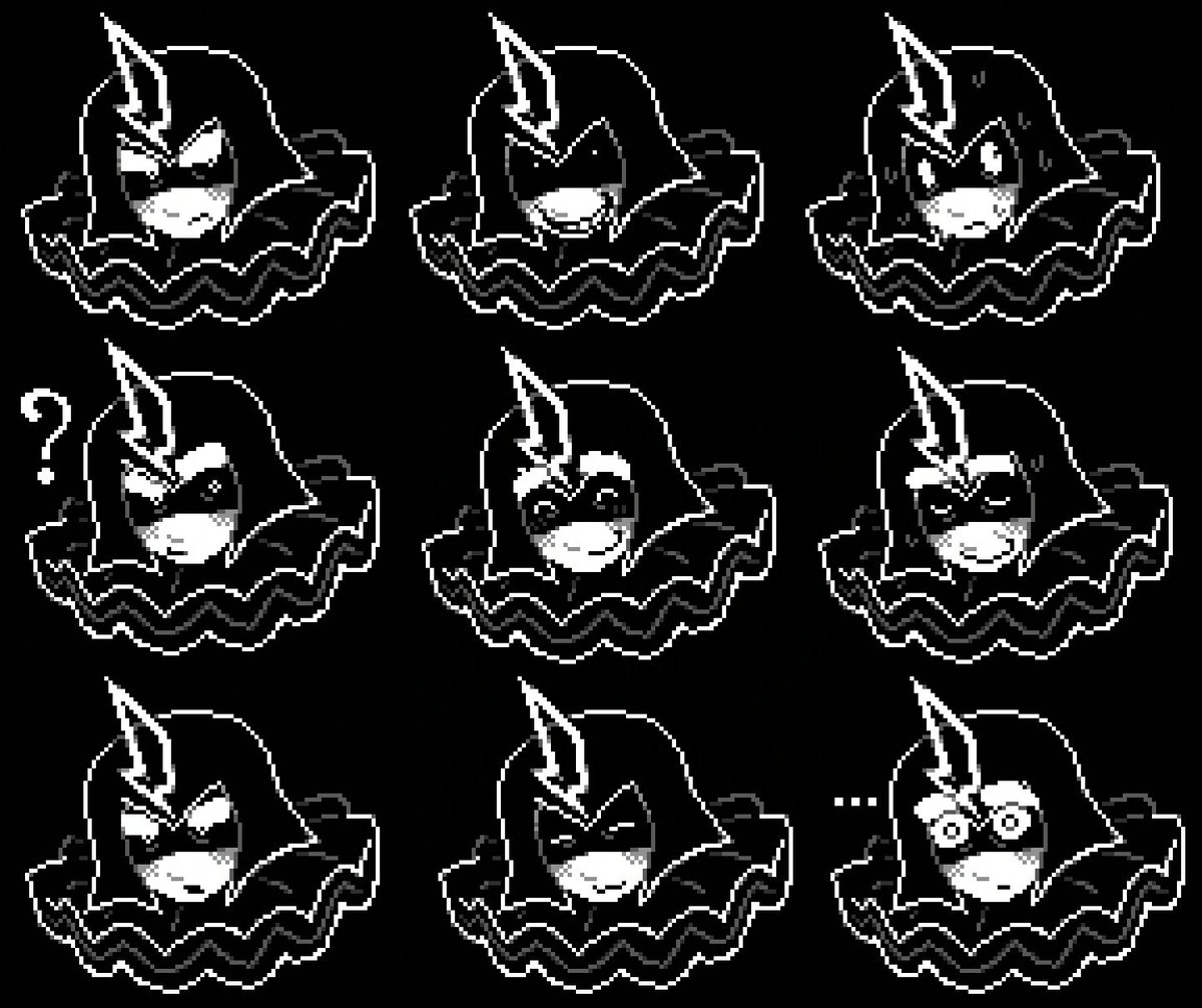 cirquehouse's tweet photo. day 281 (614 days since greenlit)

made some ringmaster pixelated sprites in a similar style of the deltarune talking sprites . for fun
— 🫀 https://t.co/KLjHikuLWd