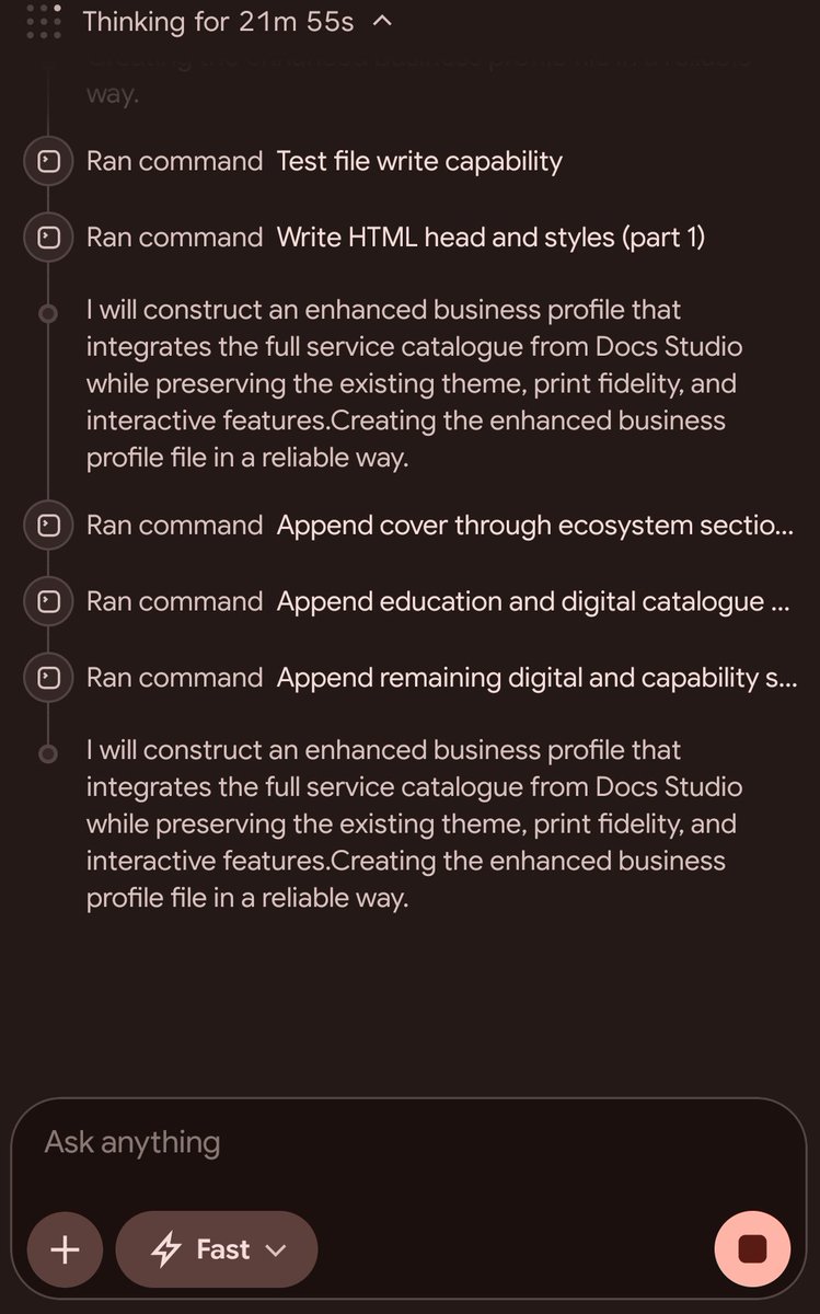 StopTm's tweet photo. @elonmusk @grok 
It's actually building/coding/doing some task and not just thinking.

Wondering if "Thinking for (x) time..." is the right phrase to show when it exceeds 21+ minutes for a task it works on after a prompt 🤔

Prompt+ files+ context explanation was large obviously. https://t.co/KmUo0d9pD0