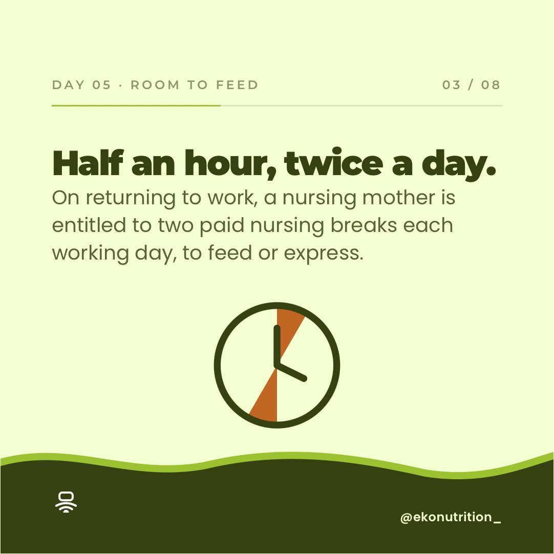 ekonutrition_'s tweet photo. Day 5: Room to feed 🚪

Going back to work doesn’t have to mean the end of breastfeeding.
The Nigerian Labour Act already backs maternity leave, part pay during that leave, and paid nursing breaks on return. On resumption, a nursing mother is entitled to two paid breaks a day. https://t.co/iCbkIPDIxp