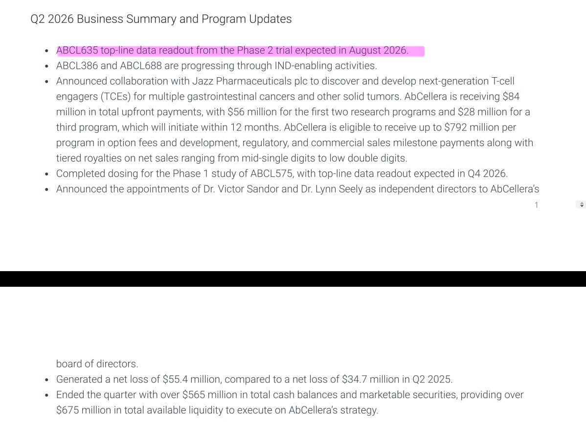 JackPrescottX's tweet photo. $ABCL “ABCL635 top-line data readout from the Phase 2 trial expected in August 2026.” https://t.co/SGUxoBJ8q1