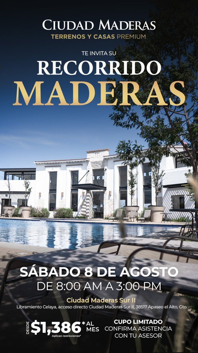 Alfil_7_'s tweet photo. 🏡 Conoce Ciudad Maderas Sur II en nuestro Recorrido Maderas.

��� Sábado 8 de agosto | 8:00 a.m. a 3:00 p.m.

Invierte desde $1,386 al mes* y descubre por qué es una excelente oportunidad para tu patrimonio.

📲 Confirma tu asistencia. ¡Cupo limitado! https://t.co/05rG7U2OCV
