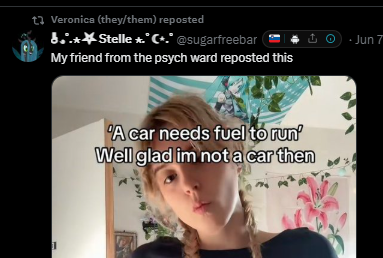 MadamSavvy's tweet photo. if you guys can click through Melee and into "veronica" and report them for self harm, that would be super swell. 

this person puts in their bio they are a "minor" but they are part of "ed" twitter. basically this is a very tragic part of twitter that glorifies eating disorders. whether this person is a minor or not, who knows but please go report it. this is just an example of ONE recent post.

they get teens/kids to starve themselves and post pics. its got some other messed up rhetoric, but this is the most concerning element. no reason for ANYTHING like this to exist on x. and they specifically target kids.
