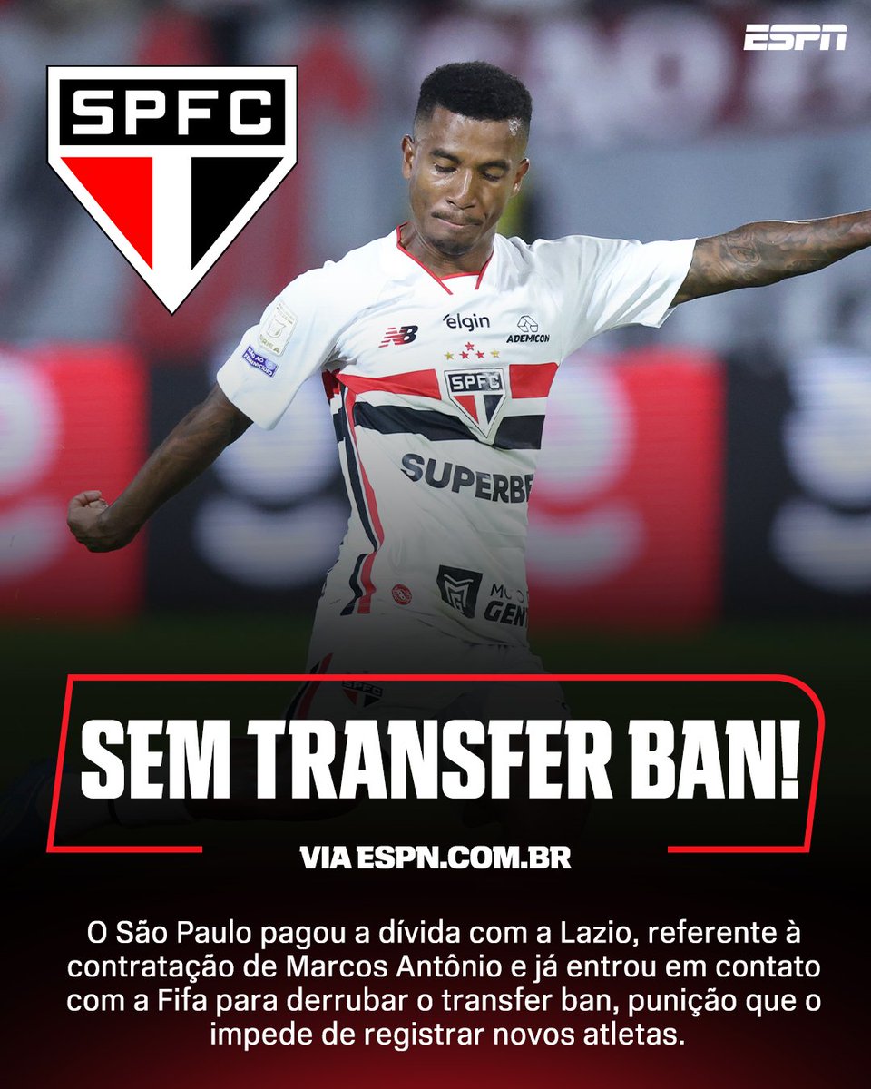 SportsCenterBR's tweet photo. O São Paulo está perto de poder registrar reforços.🚨

Segundo apuração da ESPN, o Tricolor quitou a dívida com a Lazio pela contratação de Marcos Antônio e já acionou a Fifa para derrubar o transfer ban.

Com isso, o clube espera anunciar e registrar Domingos Duarte e Iago Borduchi nos próximos dias.

#FutebolNaESPN