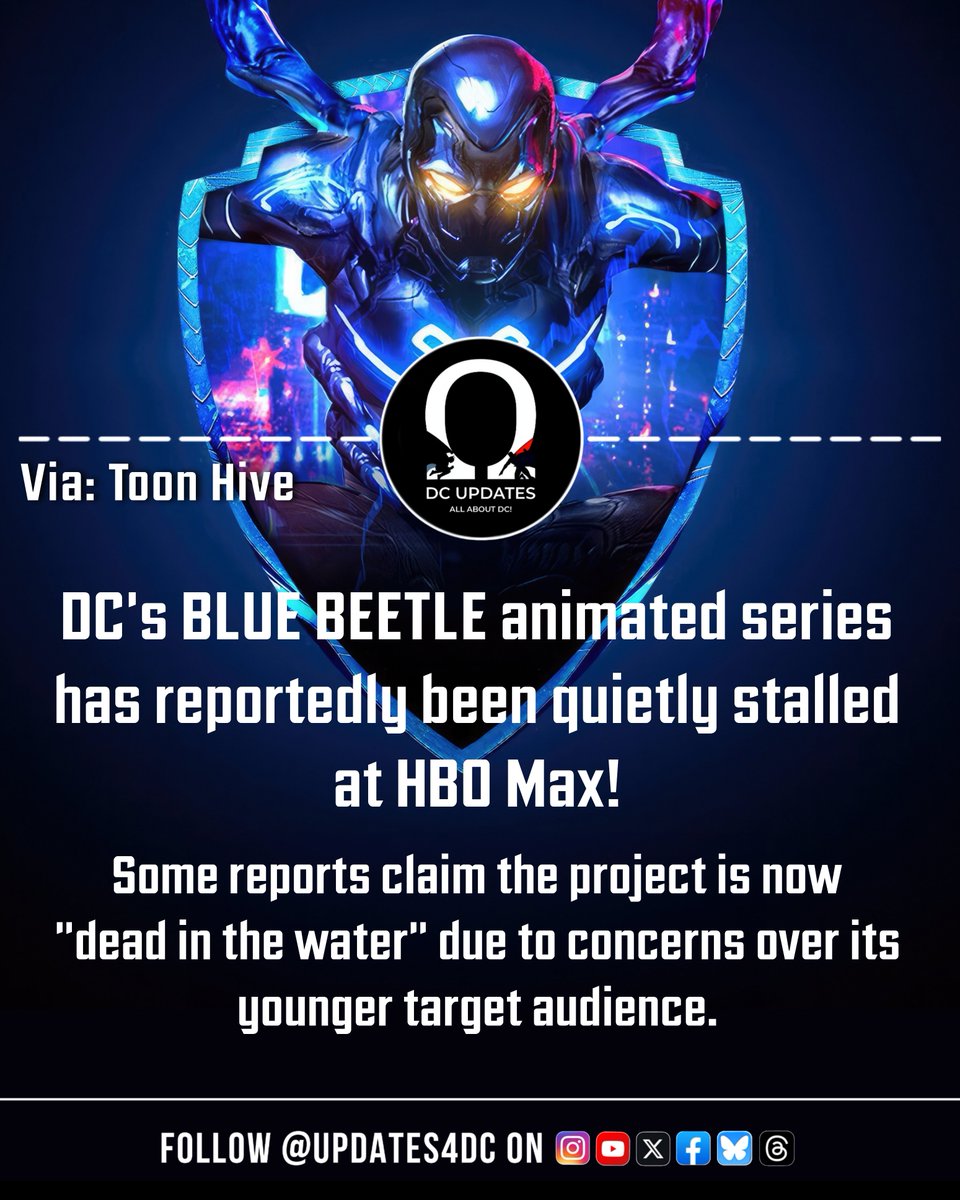 Updates4DC's tweet photo. The Blue Beetle animated series has reportedly been quietly stalled at HBO Max, with some reports claiming it's now "dead in the water" due to concerns over its younger target audience.

However, Blue Beetle is still reportedly set to make his live-action DCU return in Man of Tomorrow.

(Via @ToonHive)

#BlueBeetle #DCStudios #DCU