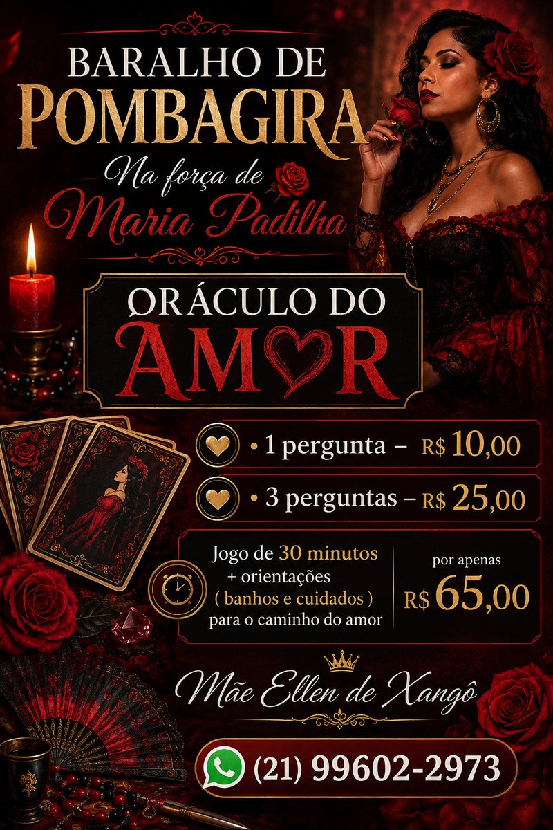 ellendexango's tweet photo. 🔮 MESA ABERTA PARA JOGO! 🔮

🃏 Baralho Cigano
🔥 Oráculo de Exu
🌹 Oraculo do Amor 

📩  WhatsApp https://t.co/LiG5jy4syG���

#baralhocigano
#baralhodeexu
#baralhodepombagira
#cartomancia
#oraculo
#espiritualidade
#mariapadilha
#joaocaveira
#ciganamadalena https://t.co/3f9veqiksT