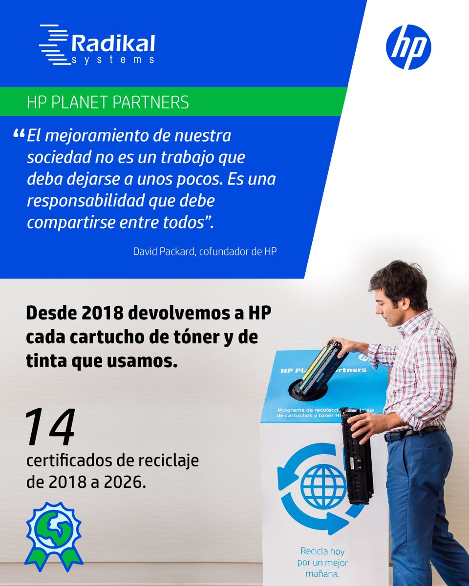 RadikalSystems's tweet photo. En Radikal Systems llevamos 8 años reciclando consumibles con HP Planet Partners. 🌍

Ya van 14 certificados. Como dijo David Packard: "es una responsabilidad compartida".

Únete gratis y conoce nuestro historial abajo 👇

#HPPlanetPartners https://t.co/BkRTrs777I