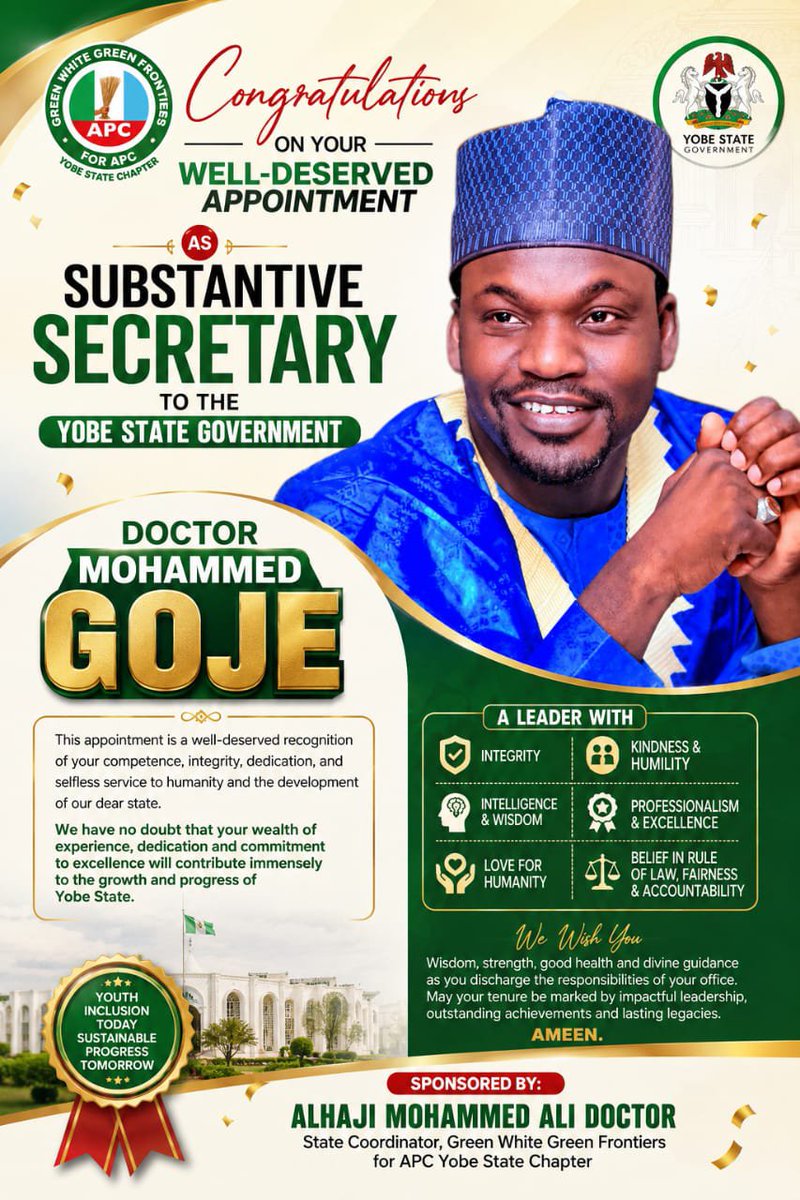 GarbaSamailaMu2's tweet photo. CONGRATULATORY MESSAGE

Congratulations to Dr. Mohammed Goje on His Appointment as the Secretary to the Yobe State Government (SSG)

Signed: by 

Garba Samaila Mohammed 
State Media Public Relations Officer 
Green White Green Frontiers for APC
Yobe State Chapter https://t.co/zigIT3VHUd