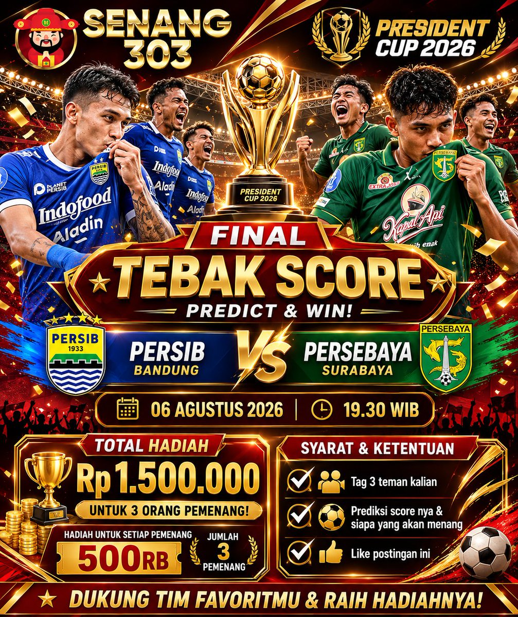 infogacortoday's tweet photo. 🔥 EVENT TEBAK SKOR FINAL PIALA PRESIDEN 2026 🔥 💙 PERSIB BANDUNG 🆚PERSEBAYA SURABAYA 💚 🎁 TOTAL HADIAH Rp1.500.000
🏅 3 Pemenang 💰 @ Rp500.000
#bola #tebakscore #pialapresidentcup #senang303 #juara #viking #persib #bonex #persebaya #siapajuara #final #hyundai #rctiyb https://t.co/nKOispTmFM