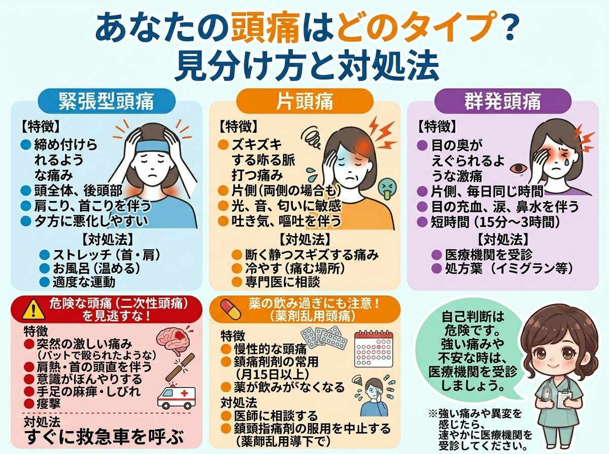 chimi7_2's tweet photo. 『頭痛』が起きた時、まずすることは
＂いつもの頭痛か・危険サインがないかを
確認する＂ということ。

✅ 突然の激痛 
✅ 麻痺やしびれ 
✅ 言葉のもつれ 
これらは迷わず＂救急車＂を呼びましょう！

その上で、自分の頭痛タイプを チェックしてみてください。

それぞれの頭痛の『見分け方』と『対処』を
まとめたので、
頭痛が出た時チェックしてみてくださいね！

ちなみに、
片頭痛と緊張型頭痛が同時に起こる場合
もあるので、その場合は＂静養＂する
ことが1番です。