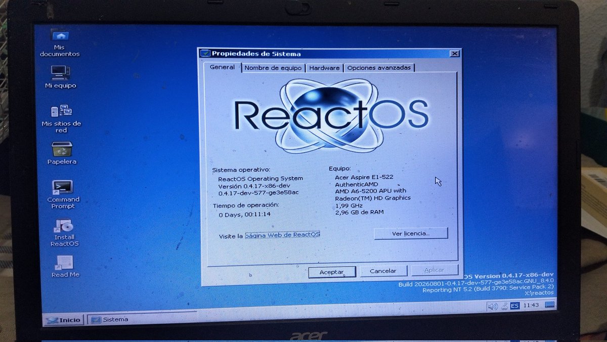 reactos's tweet photo. #ReactOS Live Environment runs on Acer Aspire E1-522!
Since we don't have USB 3.0 support yet, RAMDISK method is used.
Test by @elhoir220582. https://t.co/KxJbtMQabn