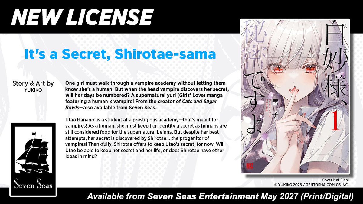 gomanga's tweet photo. Brand-new license announcement! IT'S A SECRET, SHIROTAE-SAMA by YUKIKO. In this supernatural #yuri/Girls' Love manga, one girl attending a vampire academy must hide that she’s actually a human. By the creator of CATS AND SUGAR BOWLS—also from Seven Seas!

https://t.co/g0TGYKhy6U https://t.co/bgO7Wy76zL