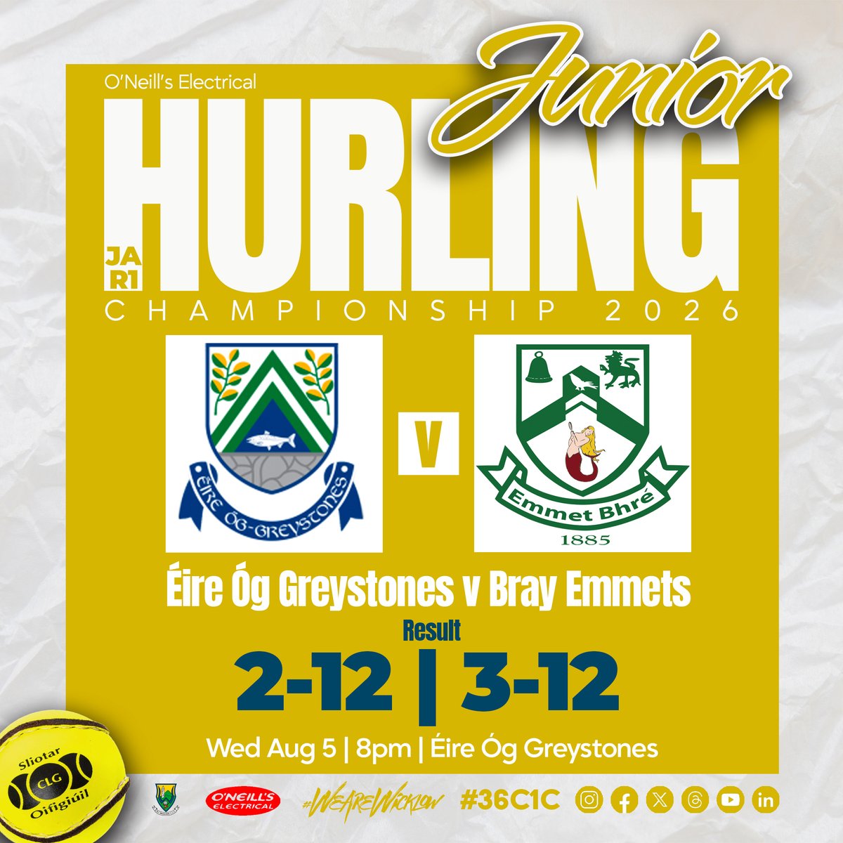 wicklowgaa's tweet photo. 🚨 FULL-TIME | O'Neill's Electrical Junior A Hurling Championship

A 5-goal thriller in Greystones! Bray Emmets come away with a hard-fought 3-point victory in a superb Round 1 clash! 🔥

Bray Emmets 3-12
Éire Óg Greystones 2-12

Great effort from both sides, but it's Bray Emmets who secure the two points on the road tonight.

#WicklowGAA #JuniorHurling #ClubChampionship #ONeillsElectrical #BrayEmmets #EireOgGreystones