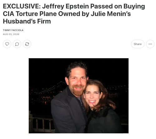 TimmyFacciola_'s tweet photo. SCOOP: That CIA torture plane owned by Julie Menin's husband's real estate firm?

Jeffrey Epstein considered buying it months before Crescent Heights acquired it—but his pilot was concerned about its history and said it could be hard flying it into the Middle East. https://t.co/op5ntgKRQs