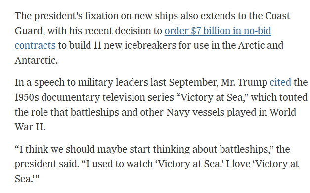 stanfordNYC's tweet photo. Trump wants to spend hundreds of billions of dollars on ships named after himself because, as a boy, he enjoyed watching "Victory at Sea."

We can't run a government like this. It boggles the mind that so many millions of people still accept this without qualm. https://t.co/swKxVZ13SQ