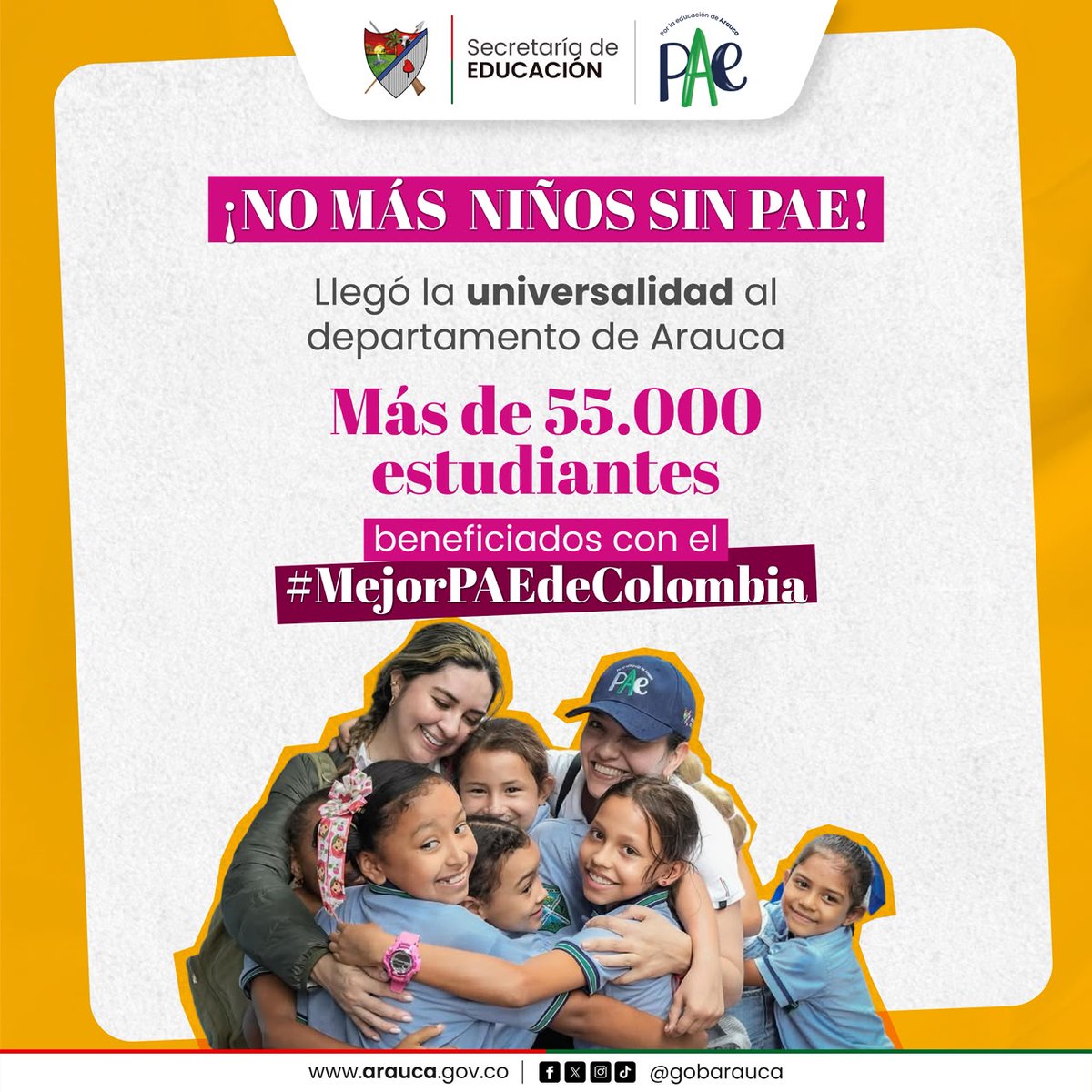 GobArauca's tweet photo. ¡No más niños sin PAE!

Más de $63.200 millones garantizan el PAE en 2026, alcanzando la cobertura universal en los 7 municipios araucanos.

Estamos al 100% con el #MejorPAEdeColombia https://t.co/WqzgKo3x7q