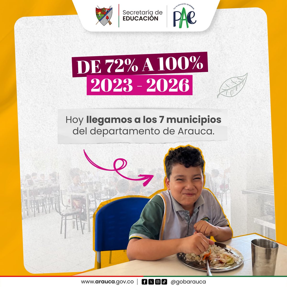 GobArauca's tweet photo. ¡No más niños sin PAE!

Más de $63.200 millones garantizan el PAE en 2026, alcanzando la cobertura universal en los 7 municipios araucanos.

Estamos al 100% con el #MejorPAEdeColombia https://t.co/WqzgKo3x7q
